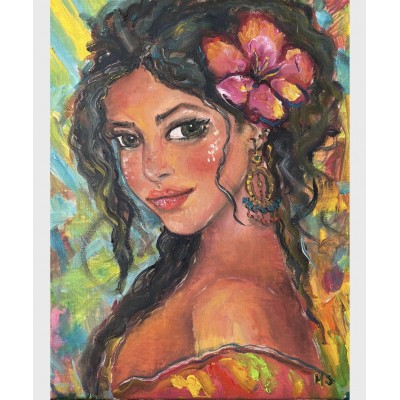 Tropical girl portrait -exotic oil painting 